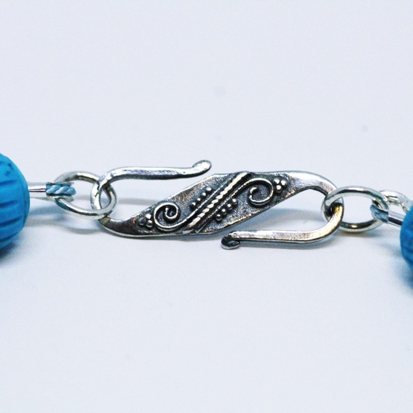 Natural Carved Turquoise Bracelet Handmade Sterling Silver 11th Anniversary - Picture 7 of 10